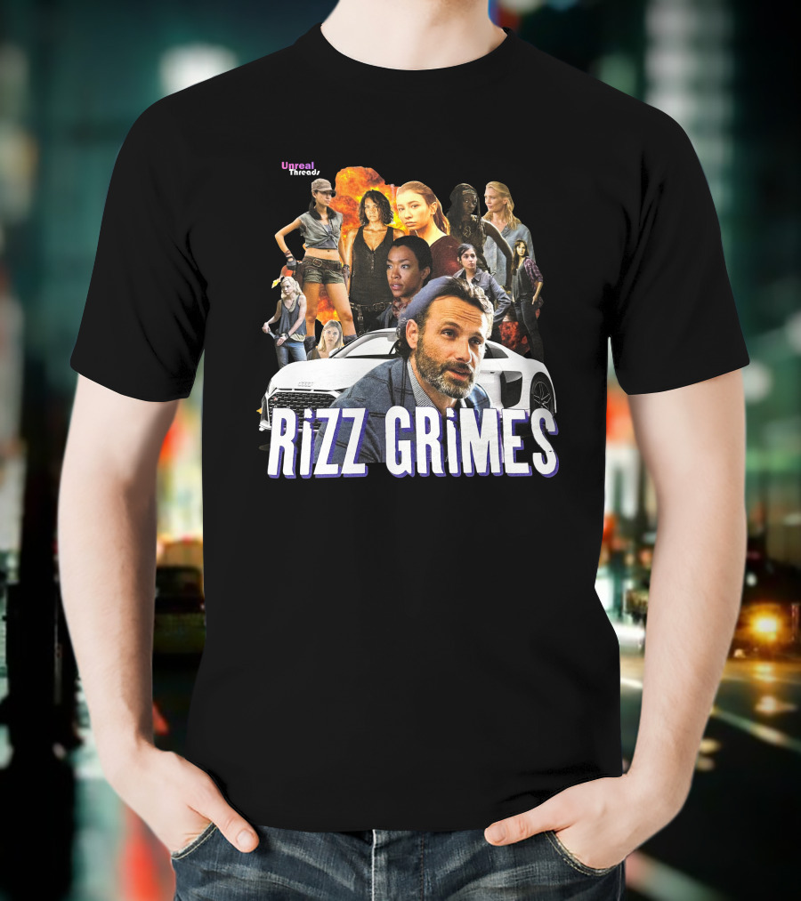 Unreal Threads Rizz Grimes Walking Dead Character Collage With Car And Flames T-Shirt