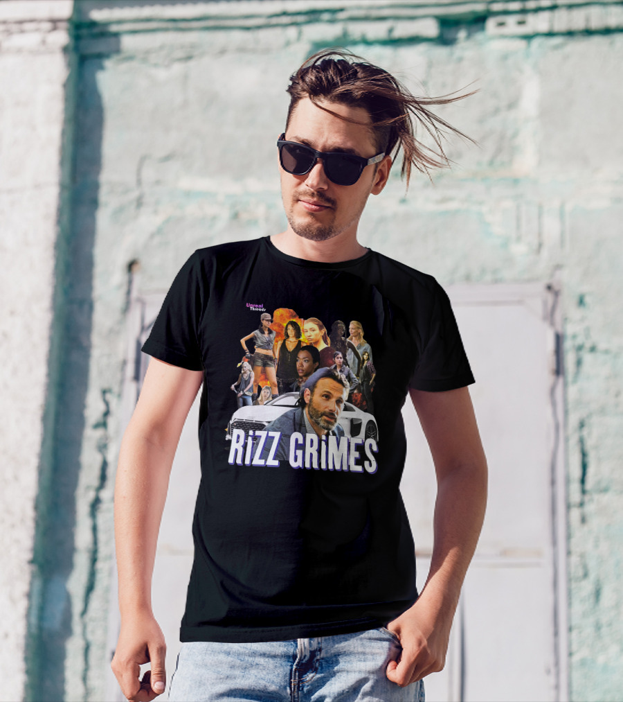 Unreal Threads Rizz Grimes Walking Dead Character Collage With Car And Flames T-Shirt