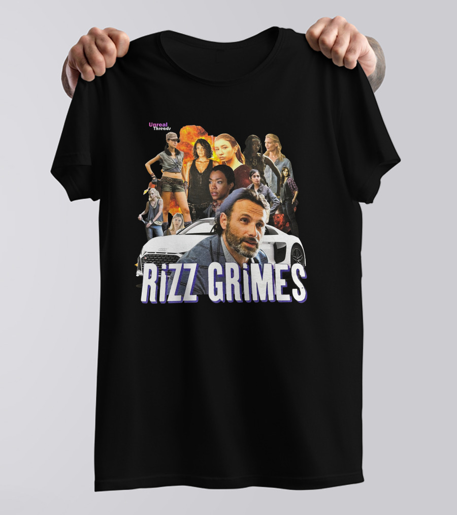 Unreal Threads Rizz Grimes Walking Dead Character Collage With Car And Flames T-Shirt