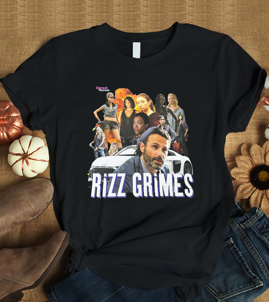 Unreal Threads Rizz Grimes Walking Dead Character Collage With Car And Flames T-Shirt