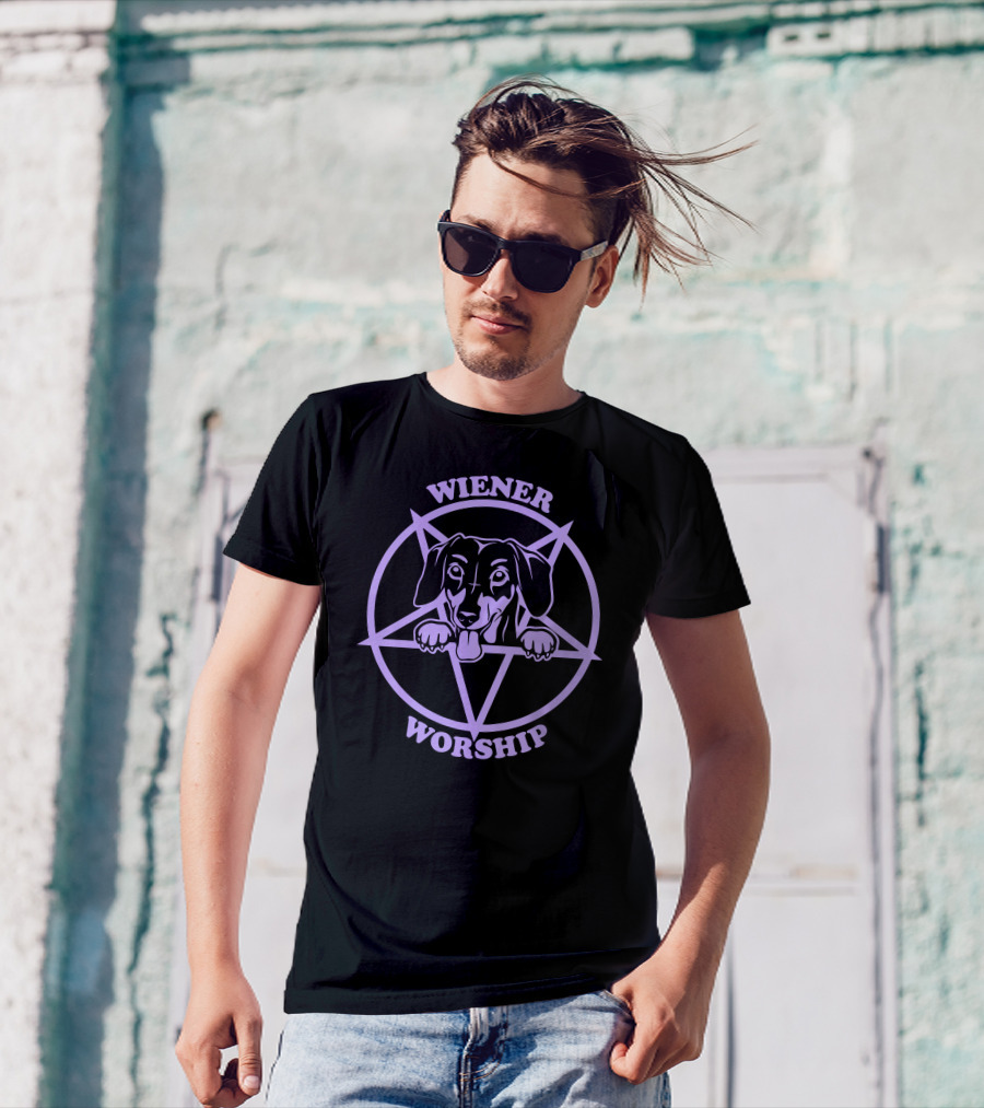 Wiener Worship Purple Dachshund Pentagram T-Shirt