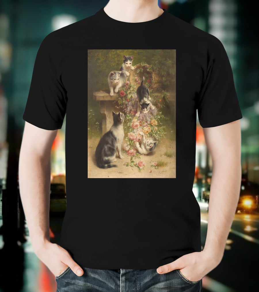 Cats And Flowers Playing On A Bench By Carl Reichert T-Shirt