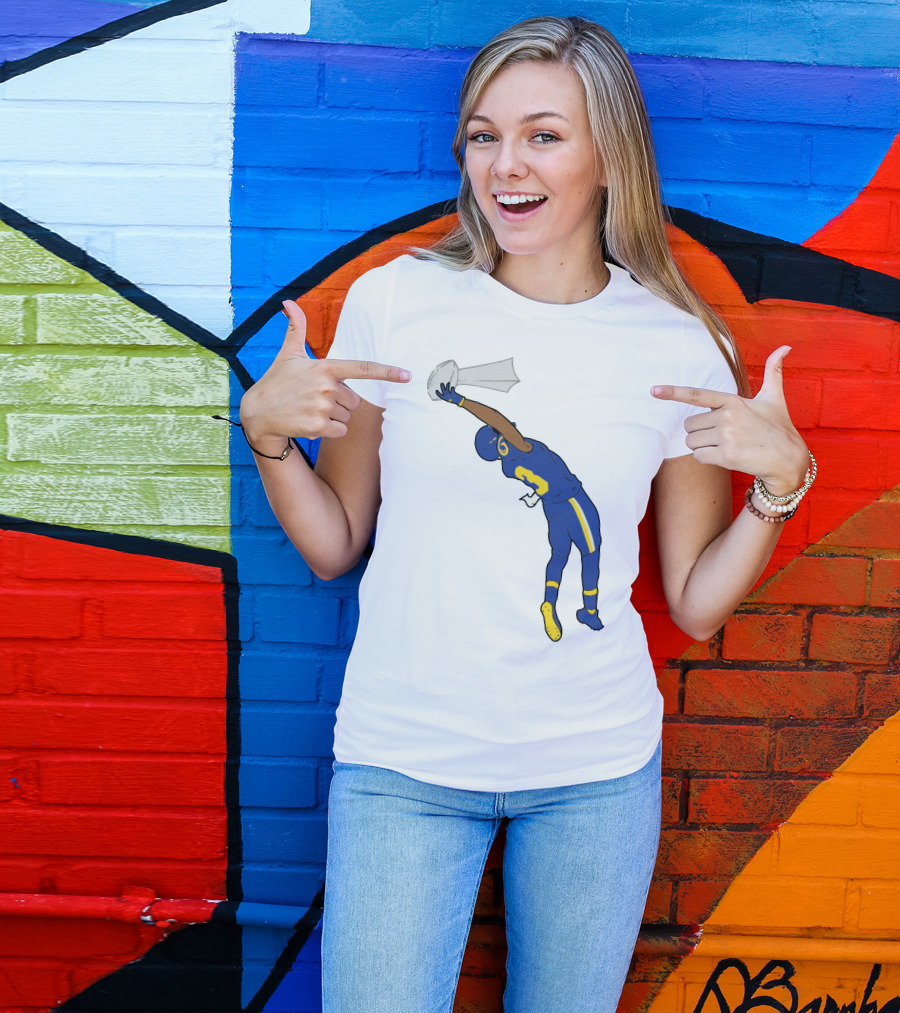 Trophy Catch Obj One-Handed Football Player Blue And Yellow Uniform T-Shirt