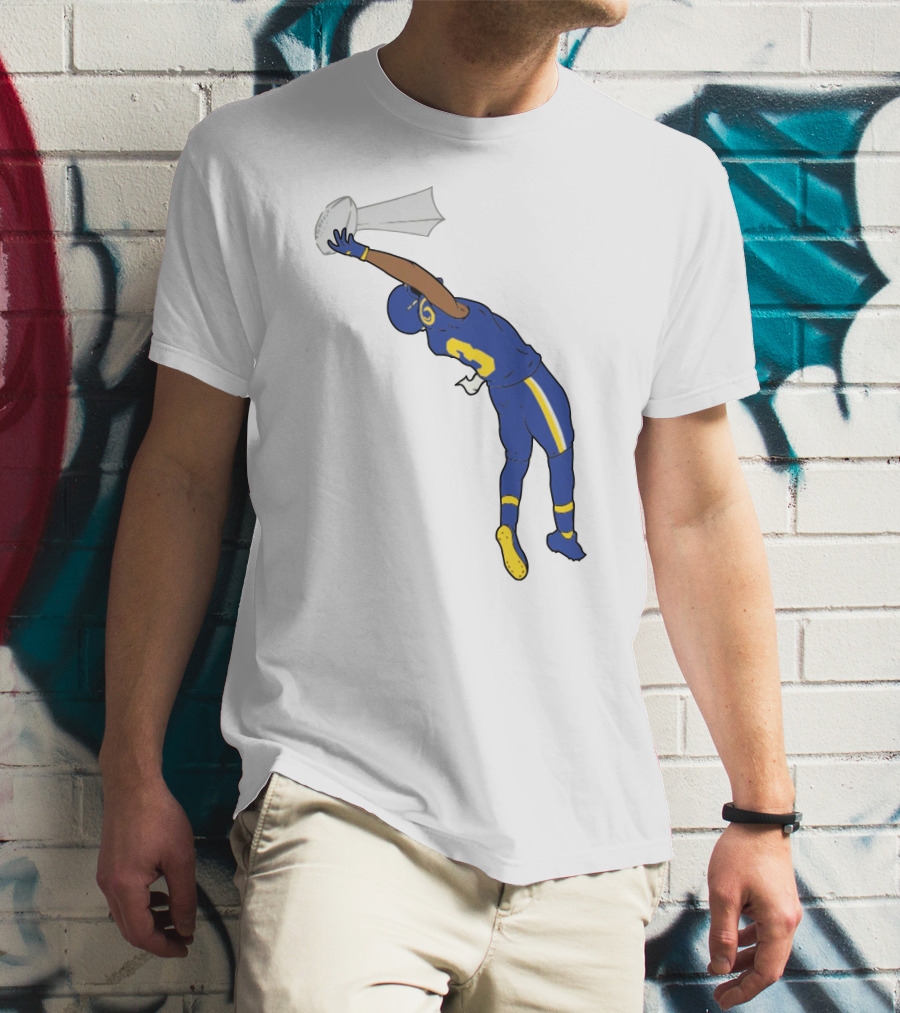Trophy Catch Obj One-Handed Football Player Blue And Yellow Uniform T-Shirt