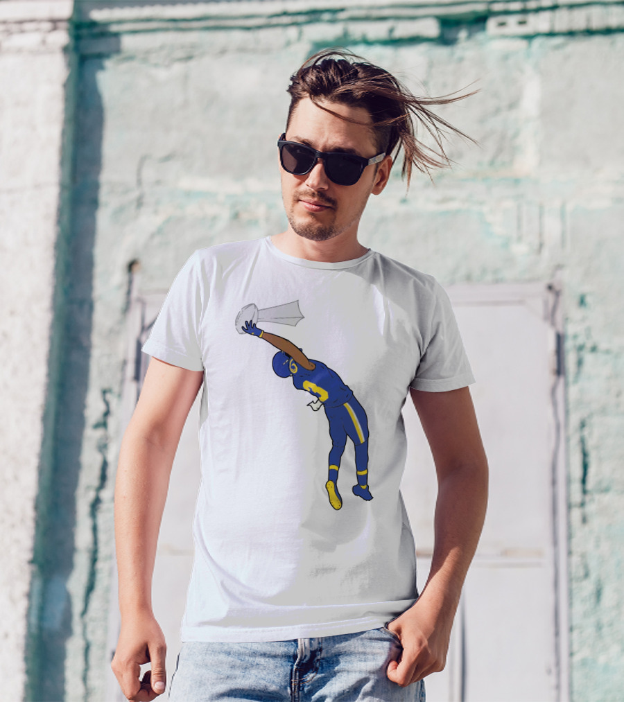 Trophy Catch Obj One-Handed Football Player Blue And Yellow Uniform T-Shirt