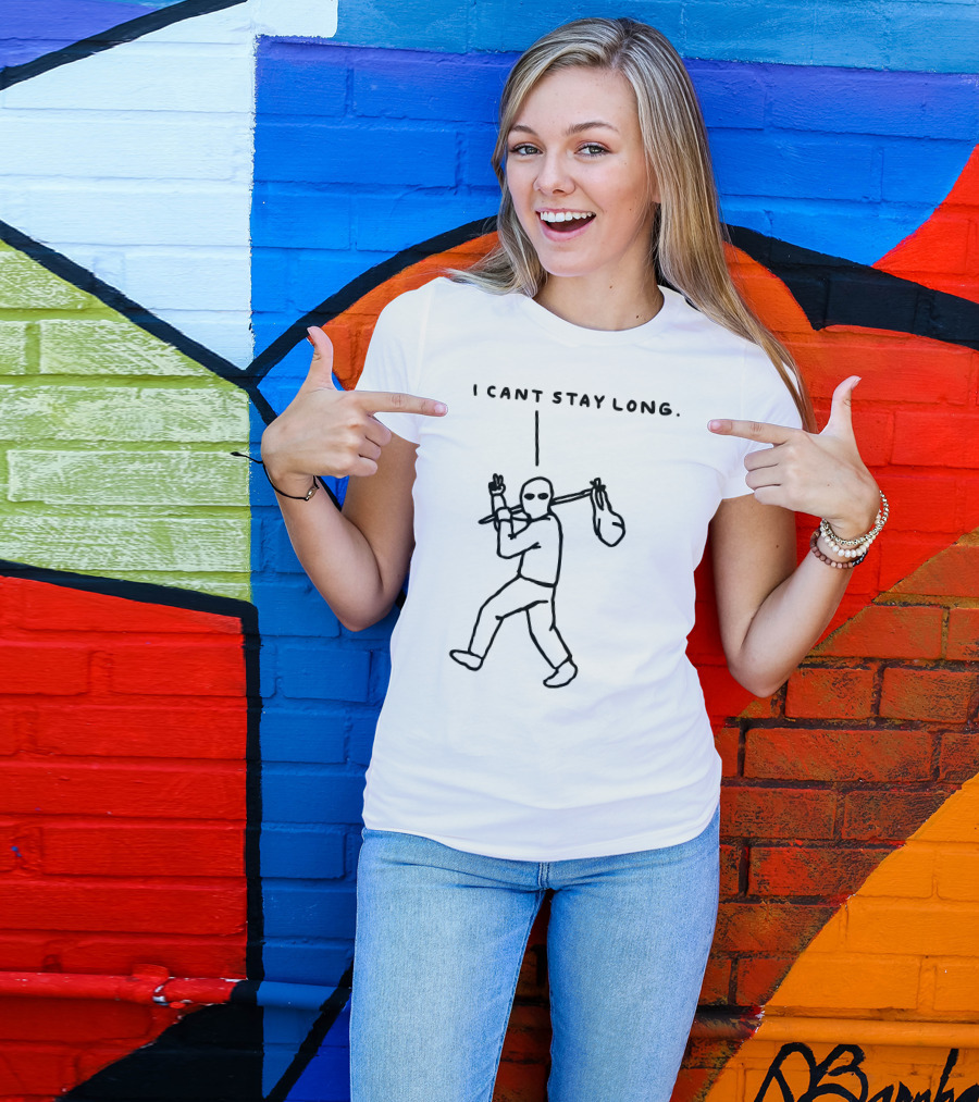 I Cant Stay Long Stick Figure With Bag Mask And Peace Sign T-Shirt