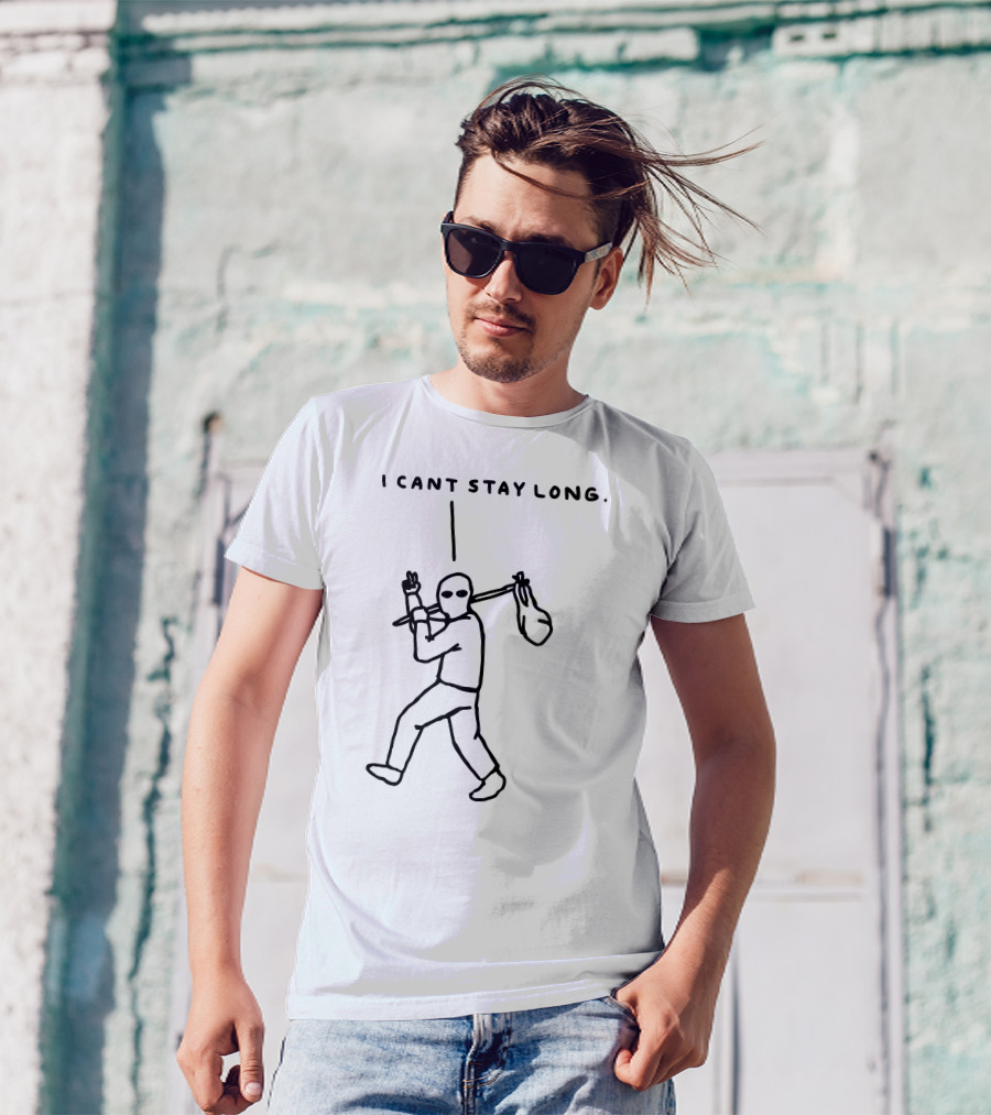 I Cant Stay Long Stick Figure With Bag Mask And Peace Sign T-Shirt