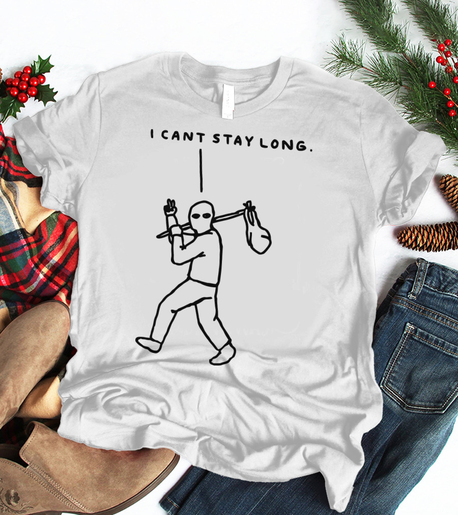 I Cant Stay Long Stick Figure With Bag Mask And Peace Sign T-Shirt