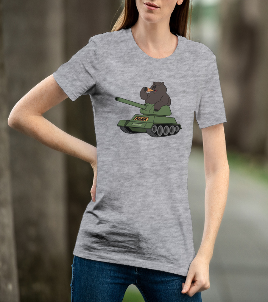 Bear Eating Pizza On A Tank With Hank Text T-Shirt