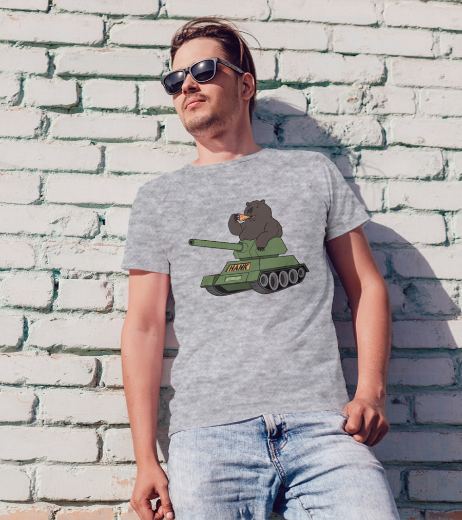 Bear Eating Pizza On A Tank With Hank Text T-Shirt