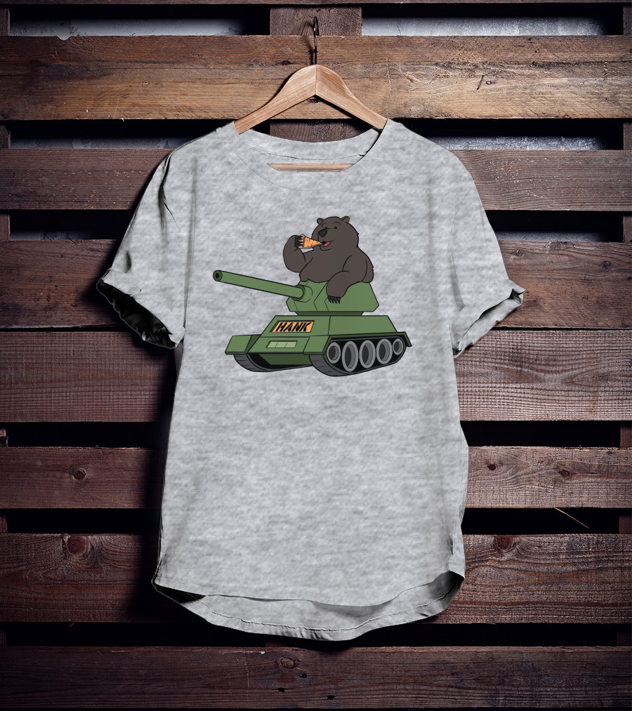 Bear Eating Pizza On A Tank With Hank Text T-Shirt