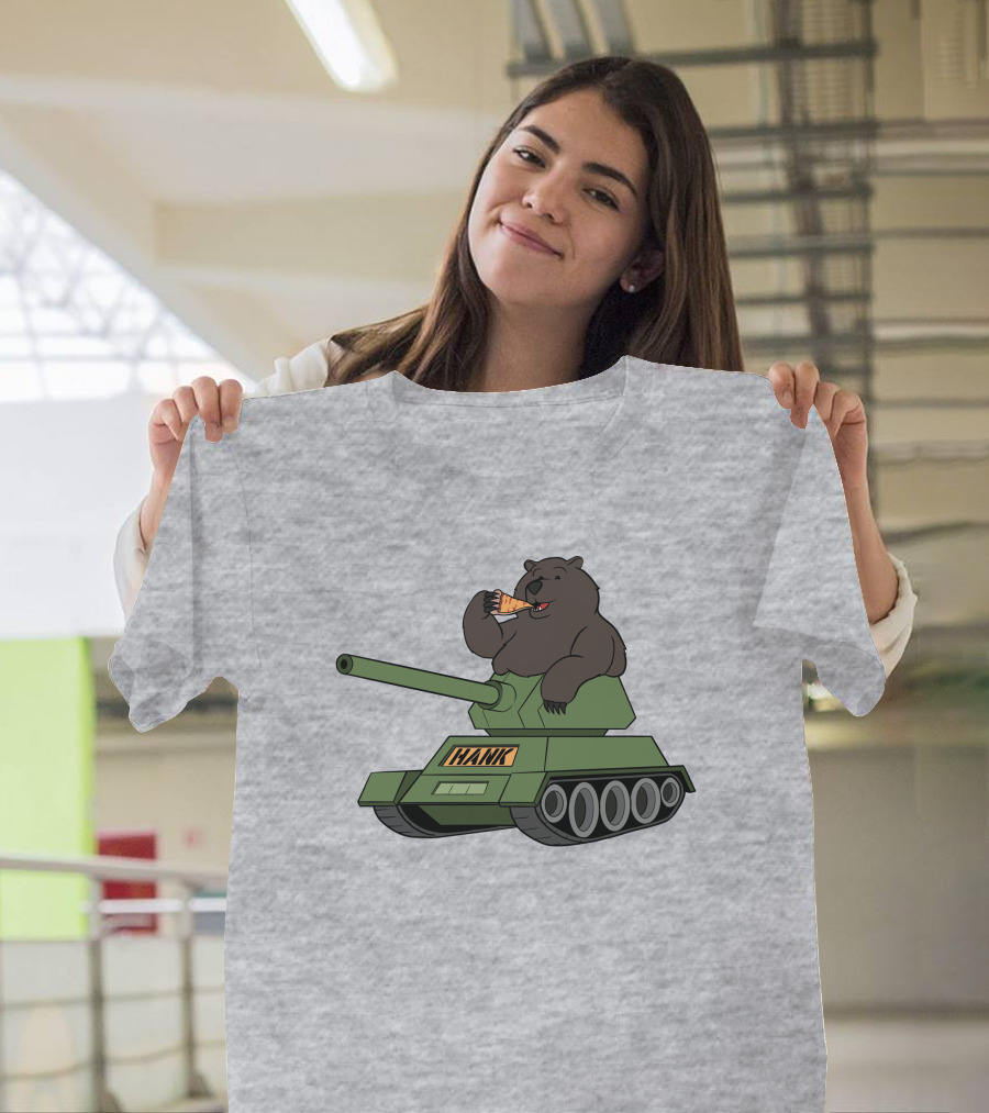 Bear Eating Pizza On A Tank With Hank Text T-Shirt