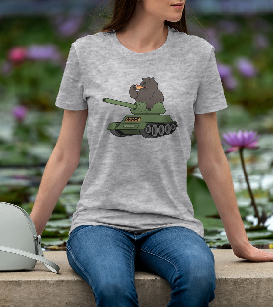 Bear Eating Pizza On A Tank With Hank Text T-Shirt