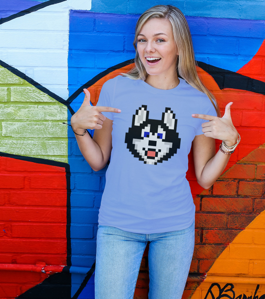 Huskytoken Cat Pixelated Husky Face On Light Blue T-Shirt