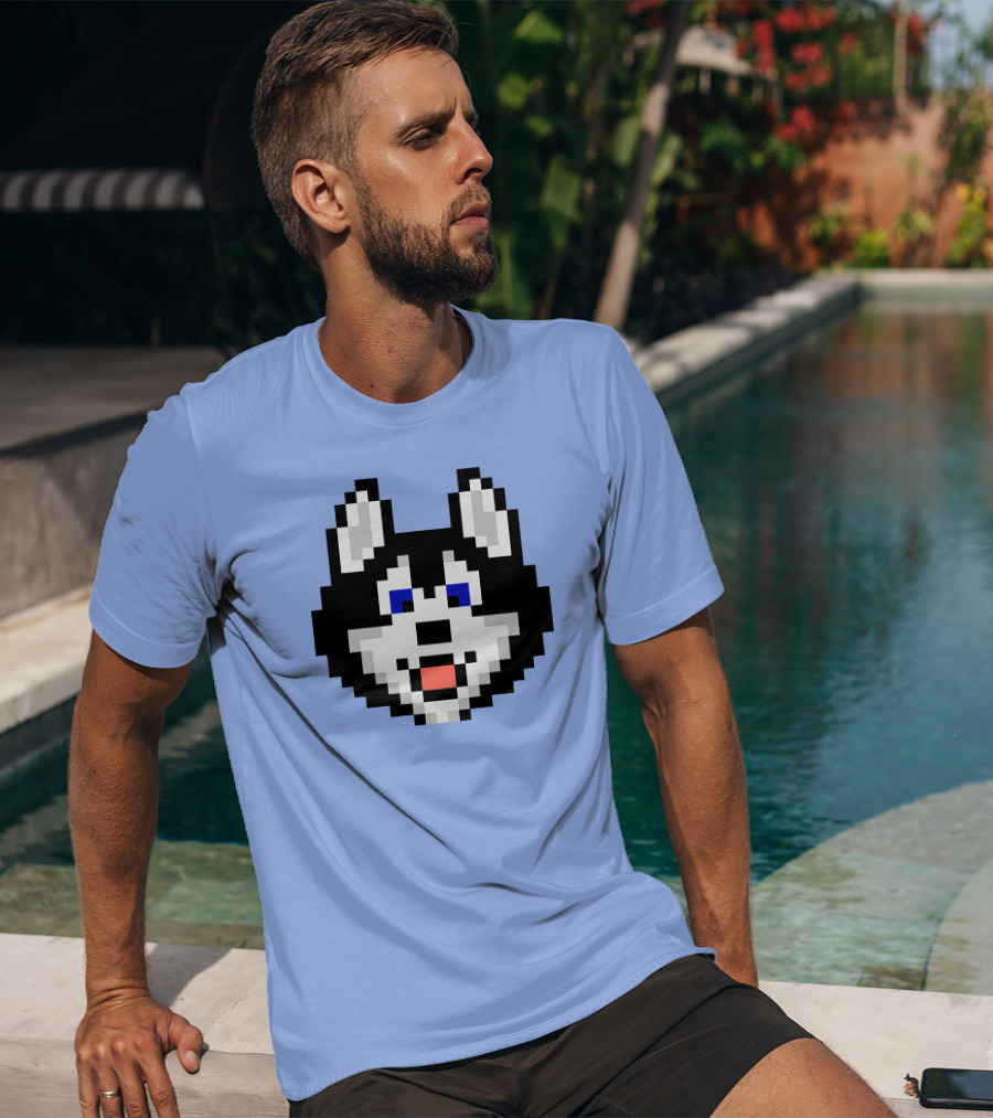 Huskytoken Cat Pixelated Husky Face On Light Blue T-Shirt