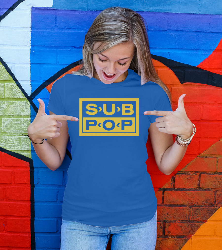 Sub Pop Records Megamart Store Logo Blue Background T-Shirt