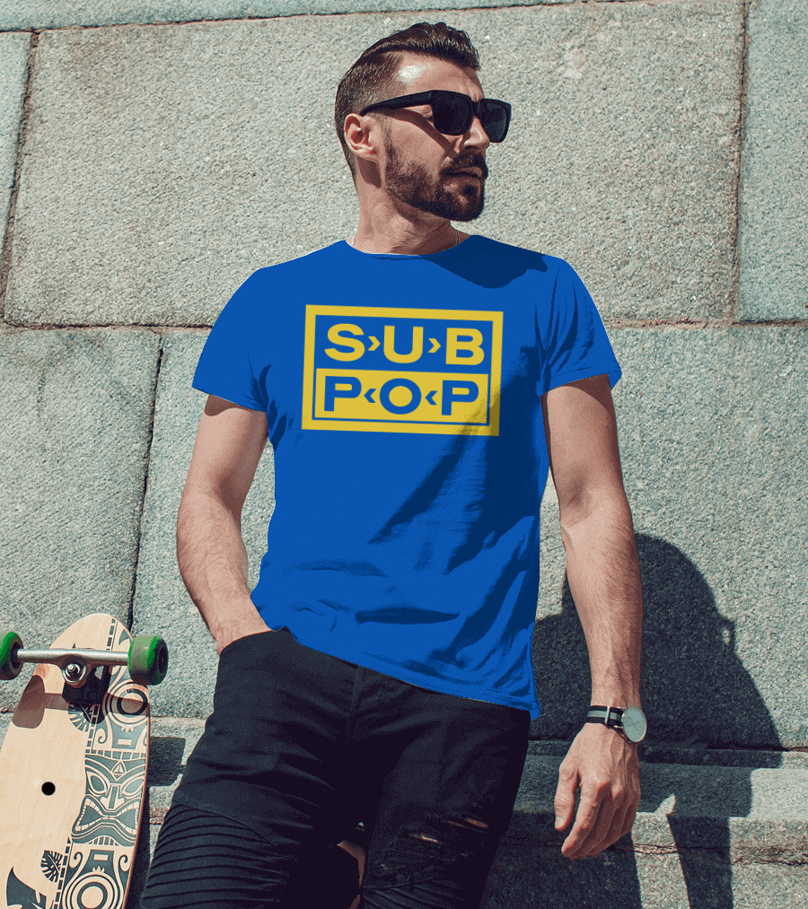 Sub Pop Records Megamart Store Logo Blue Background T-Shirt