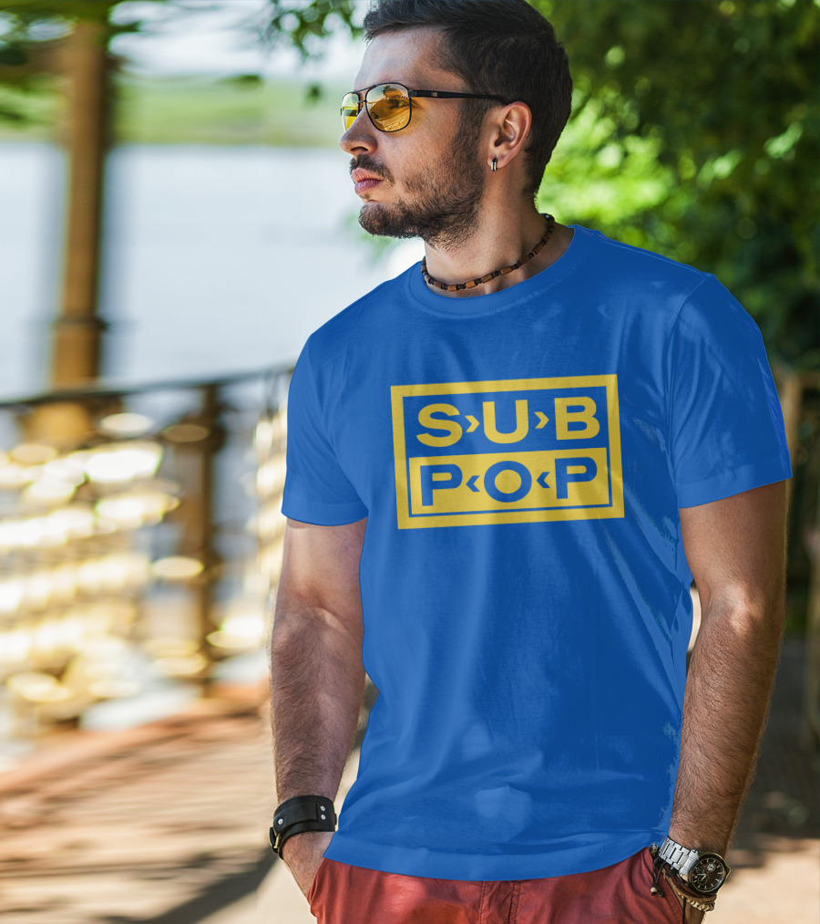 Sub Pop Records Megamart Store Logo Blue Background T-Shirt