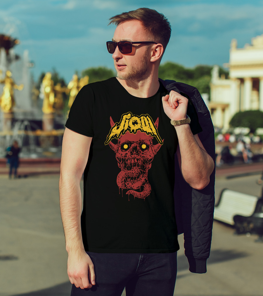 Jiqui Demon Music Merch Skull Demon With Yellow Lettering T-Shirt
