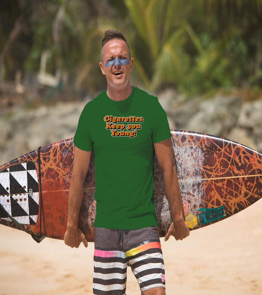 Cigarettes Keep You Young Retro Style Bold Orange Text On Green T-Shirt