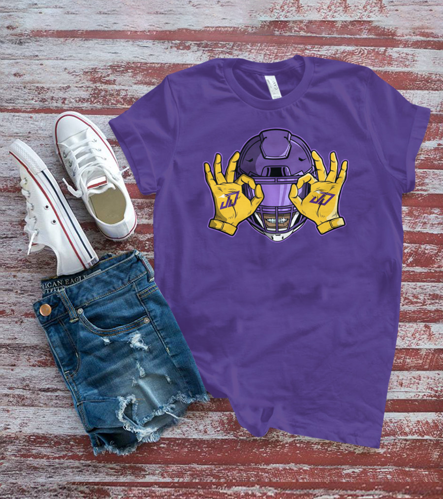 Kevin O’Connell Justin Jefferson Griddy JJ Celebration Viking Helmet Purple Yellow Hands T-Shirt