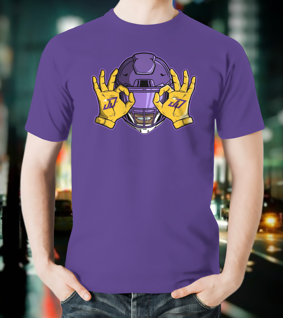 Kevin O’Connell Justin Jefferson Griddy JJ Celebration Viking Helmet Purple Yellow Hands T-Shirt