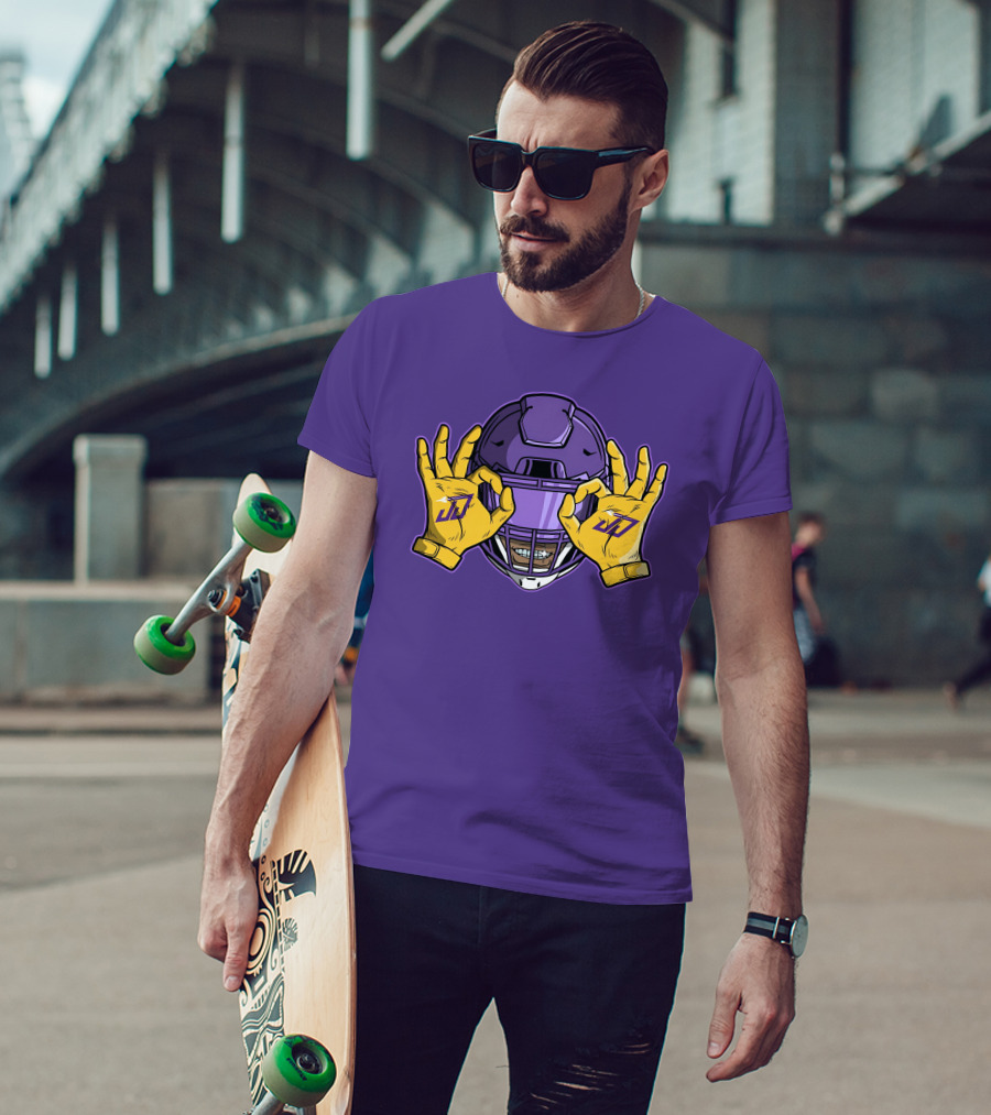 Kevin O’Connell Justin Jefferson Griddy JJ Celebration Viking Helmet Purple Yellow Hands T-Shirt