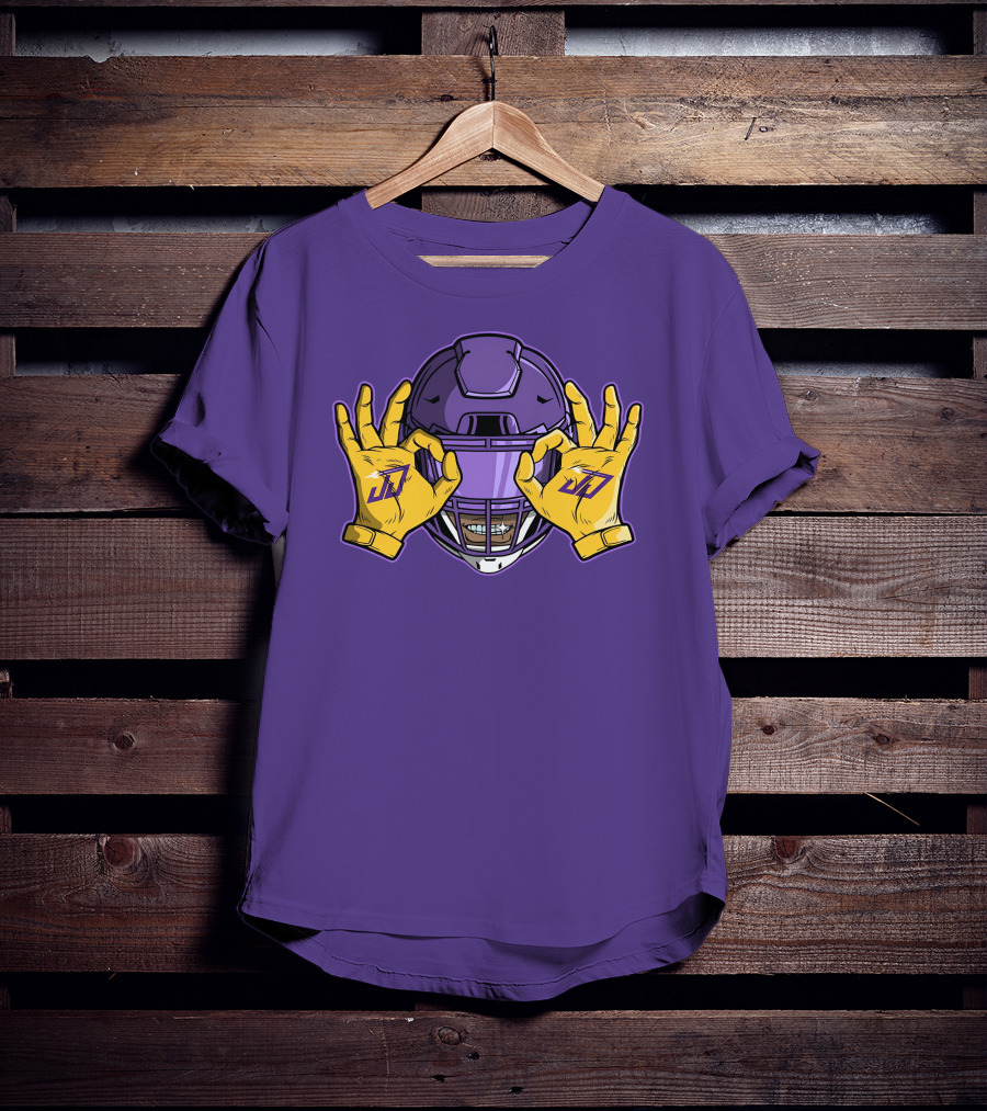 Kevin O’Connell Justin Jefferson Griddy JJ Celebration Viking Helmet Purple Yellow Hands T-Shirt