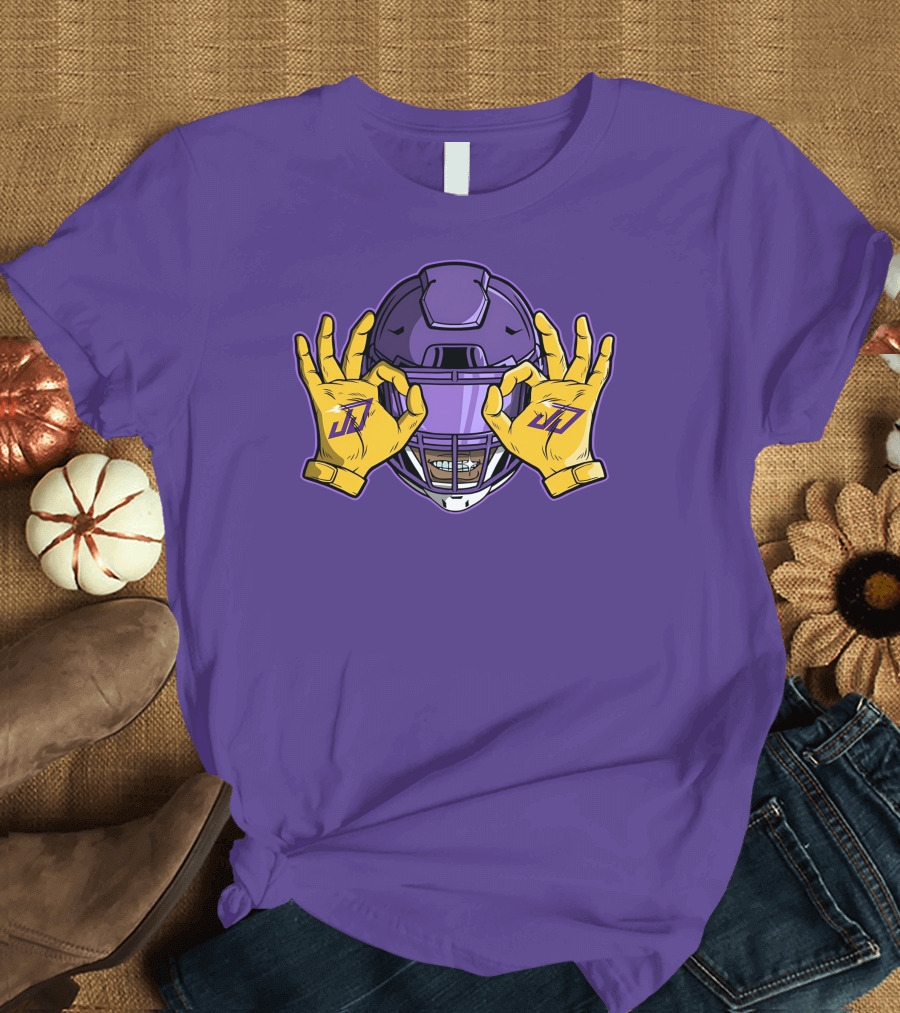 Kevin O’Connell Justin Jefferson Griddy JJ Celebration Viking Helmet Purple Yellow Hands T-Shirt