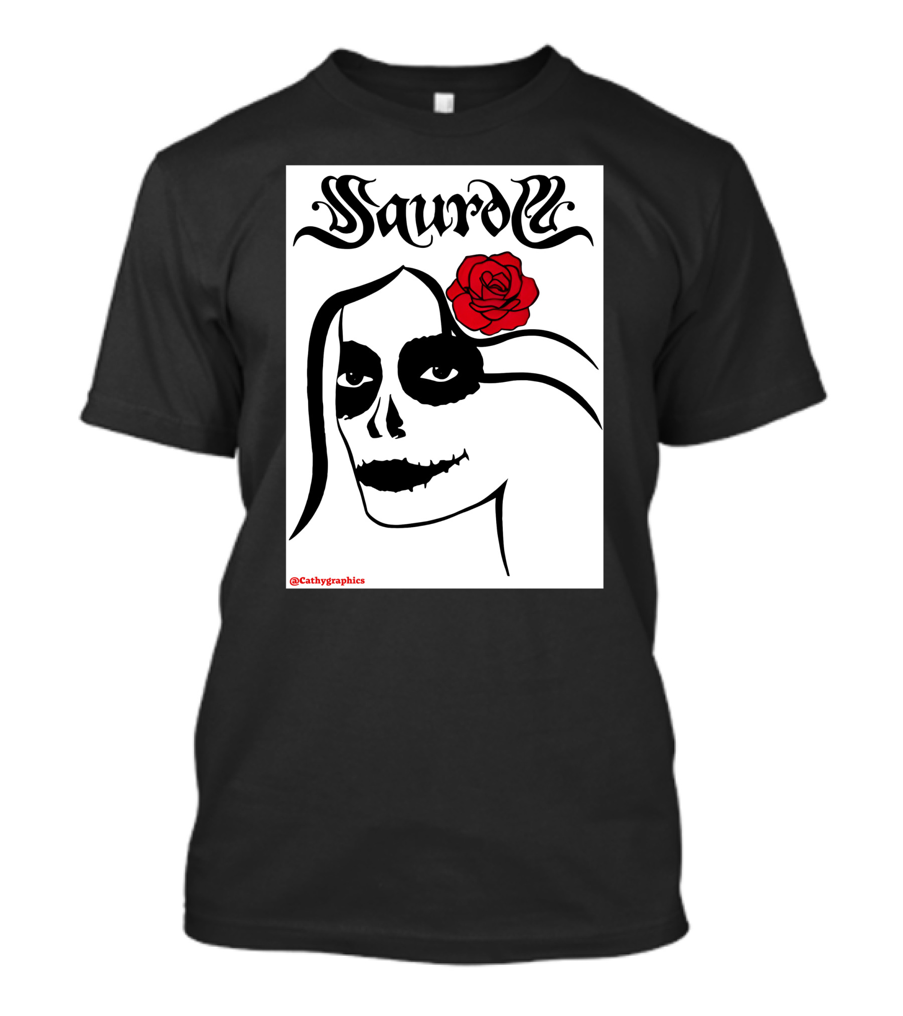 Saurom Cathygraphics Skull Face With Red Rose T-Shirt