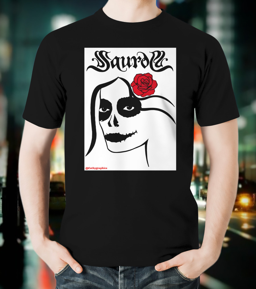 Saurom Cathygraphics Skull Face With Red Rose T-Shirt