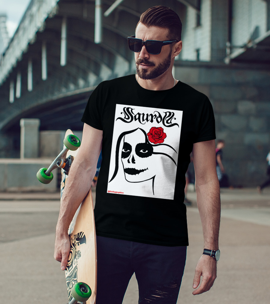 Saurom Cathygraphics Skull Face With Red Rose T-Shirt