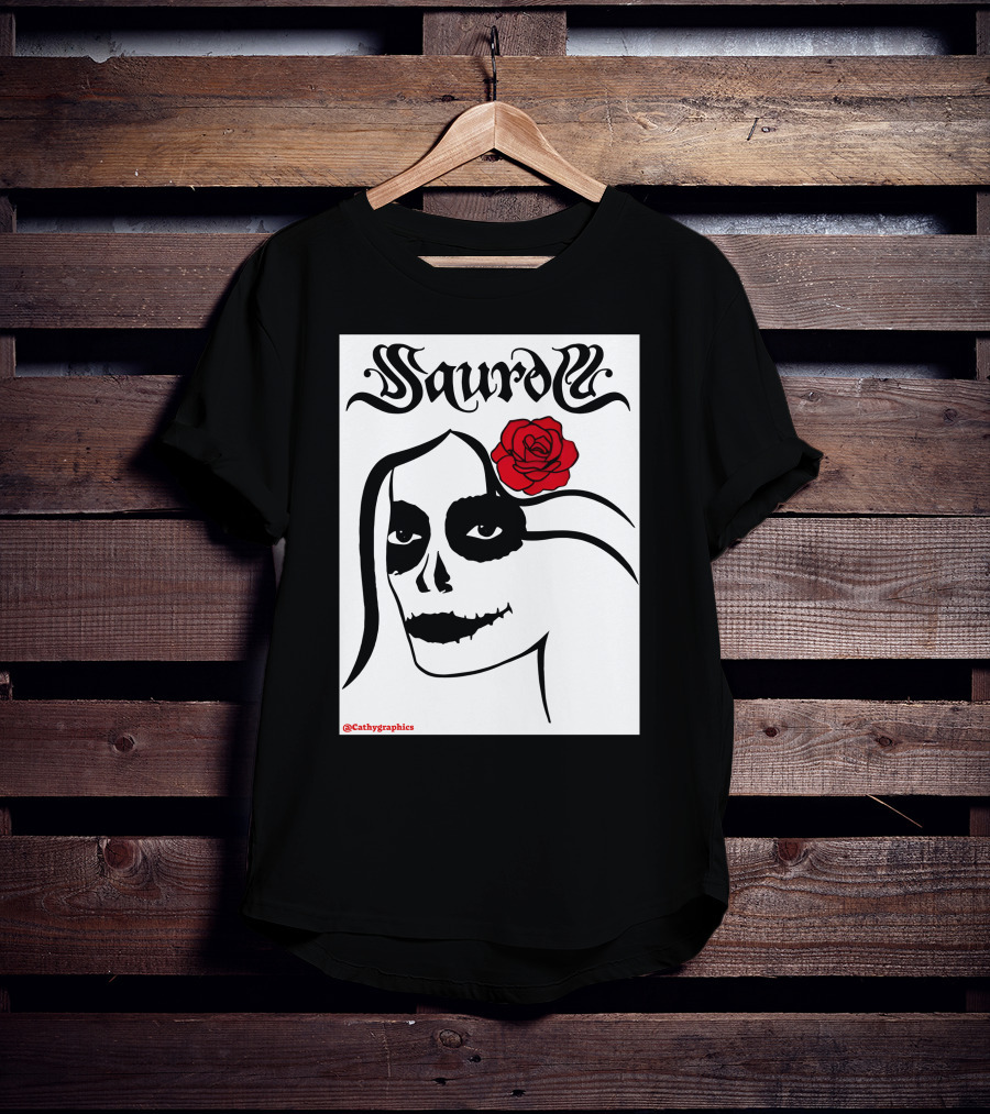 Saurom Cathygraphics Skull Face With Red Rose T-Shirt