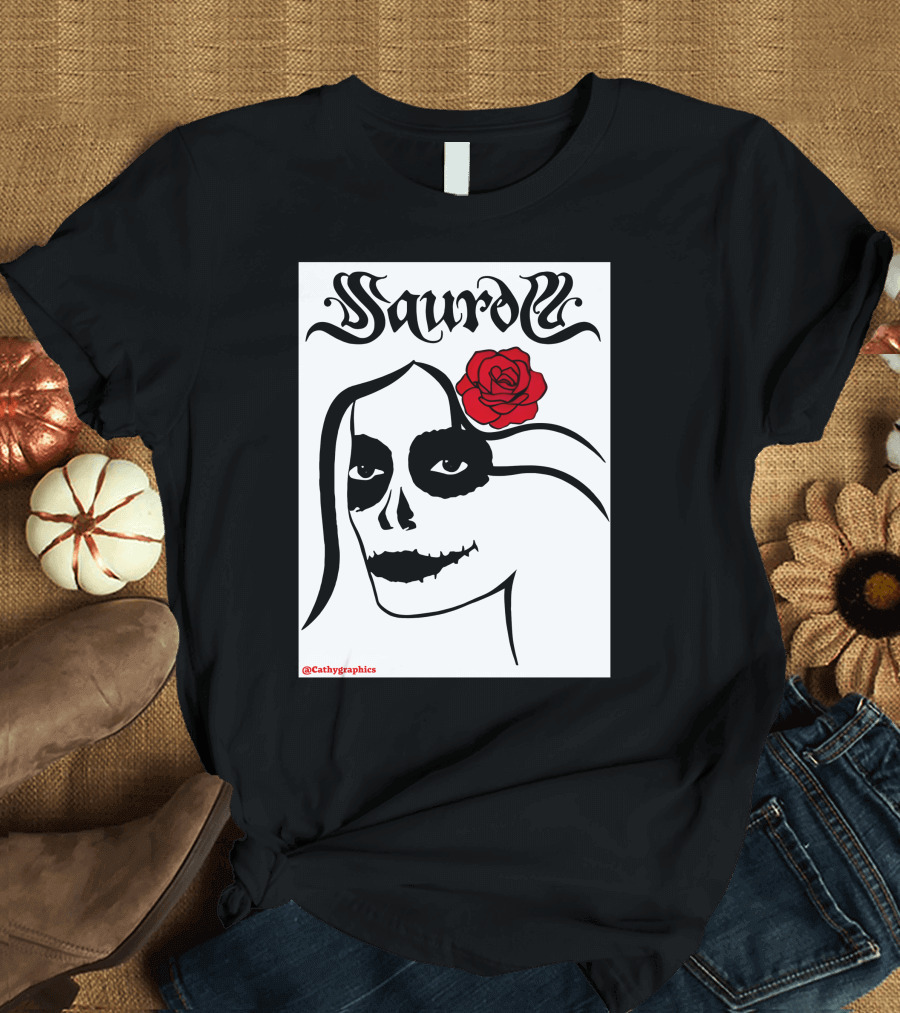 Saurom Cathygraphics Skull Face With Red Rose T-Shirt