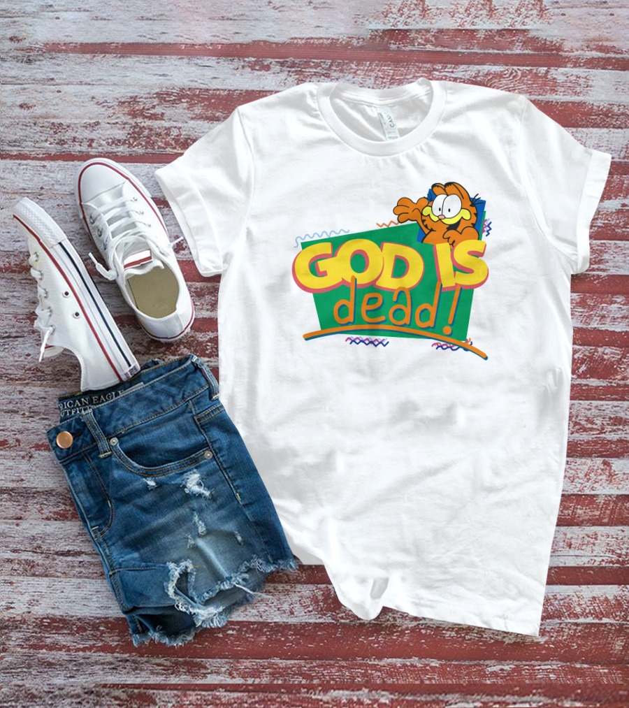 Garfield God Is Dead Comic Style Text With Playful Cartoon Character T-Shirt