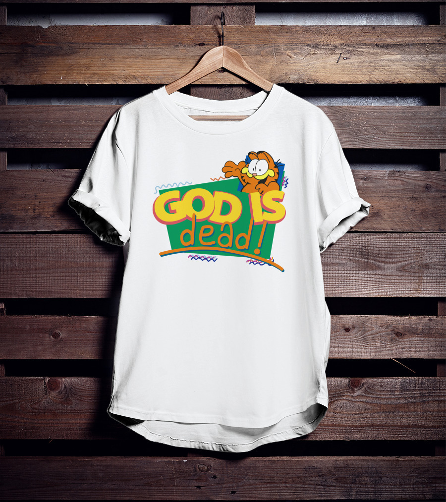 Garfield God Is Dead Comic Style Text With Playful Cartoon Character T-Shirt