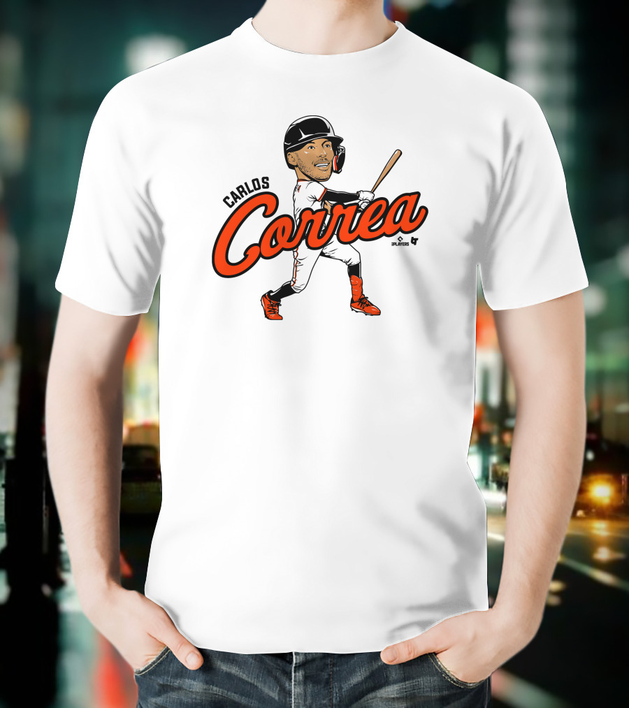 Carlos Correa Caricature Baseball Player Swinging Bat T-Shirt