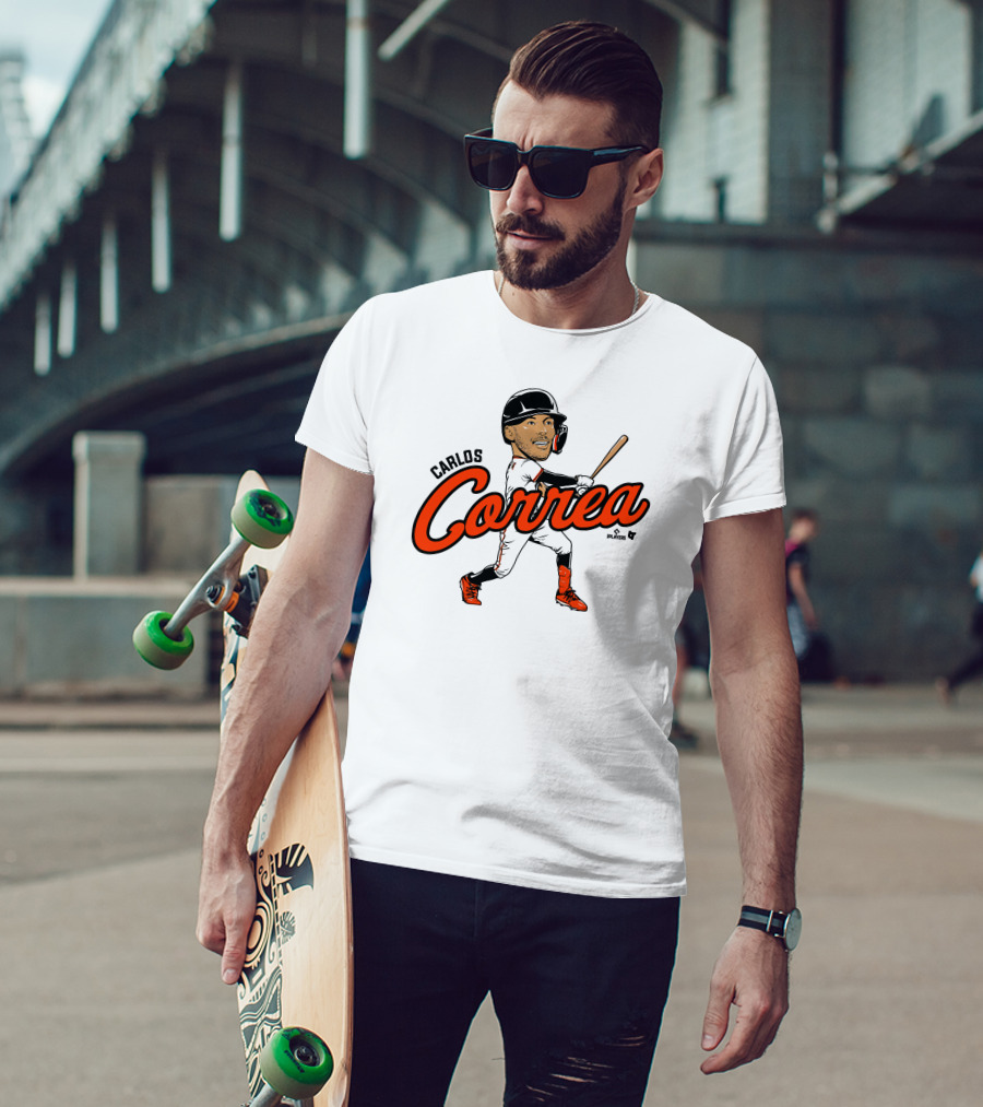 Carlos Correa Caricature Baseball Player Swinging Bat T-Shirt