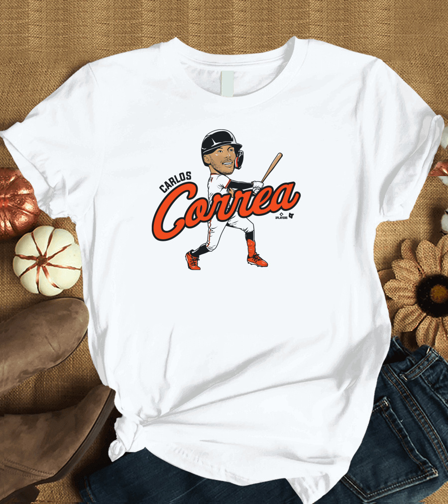 Carlos Correa Caricature Baseball Player Swinging Bat T-Shirt