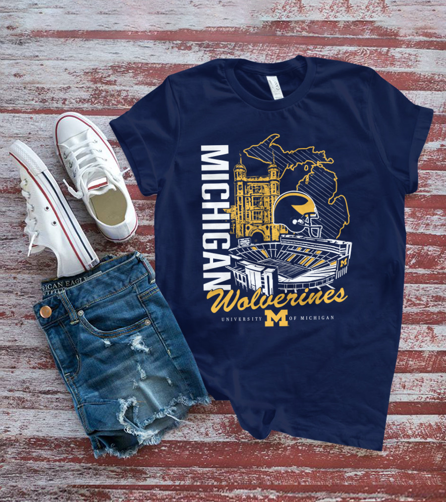 Michigan Wolverines University Of Michigan Stadium Map Helmet T-Shirt