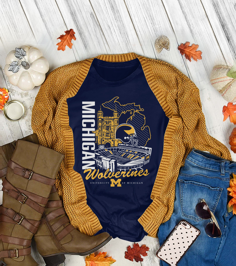 Michigan Wolverines University Of Michigan Stadium Map Helmet T-Shirt