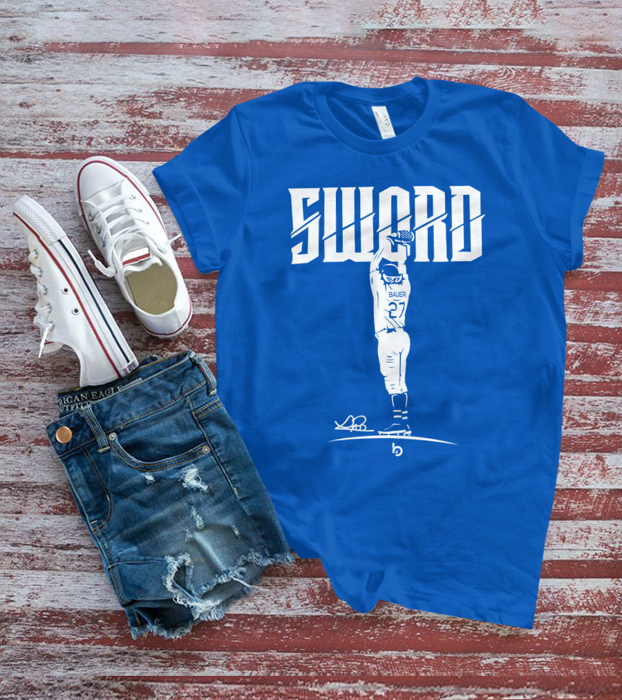 SWORD Trevor Bauer 27 Baseball Blue Merchandise T-Shirt