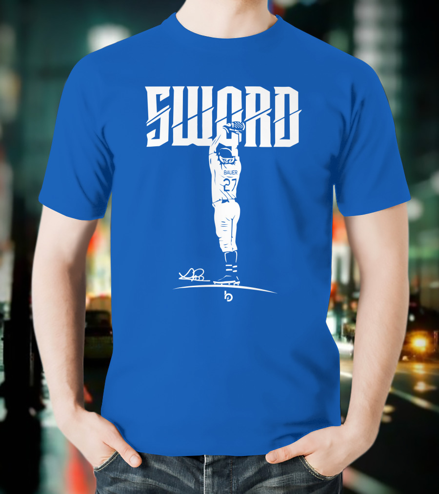 SWORD Trevor Bauer 27 Baseball Blue Merchandise T-Shirt