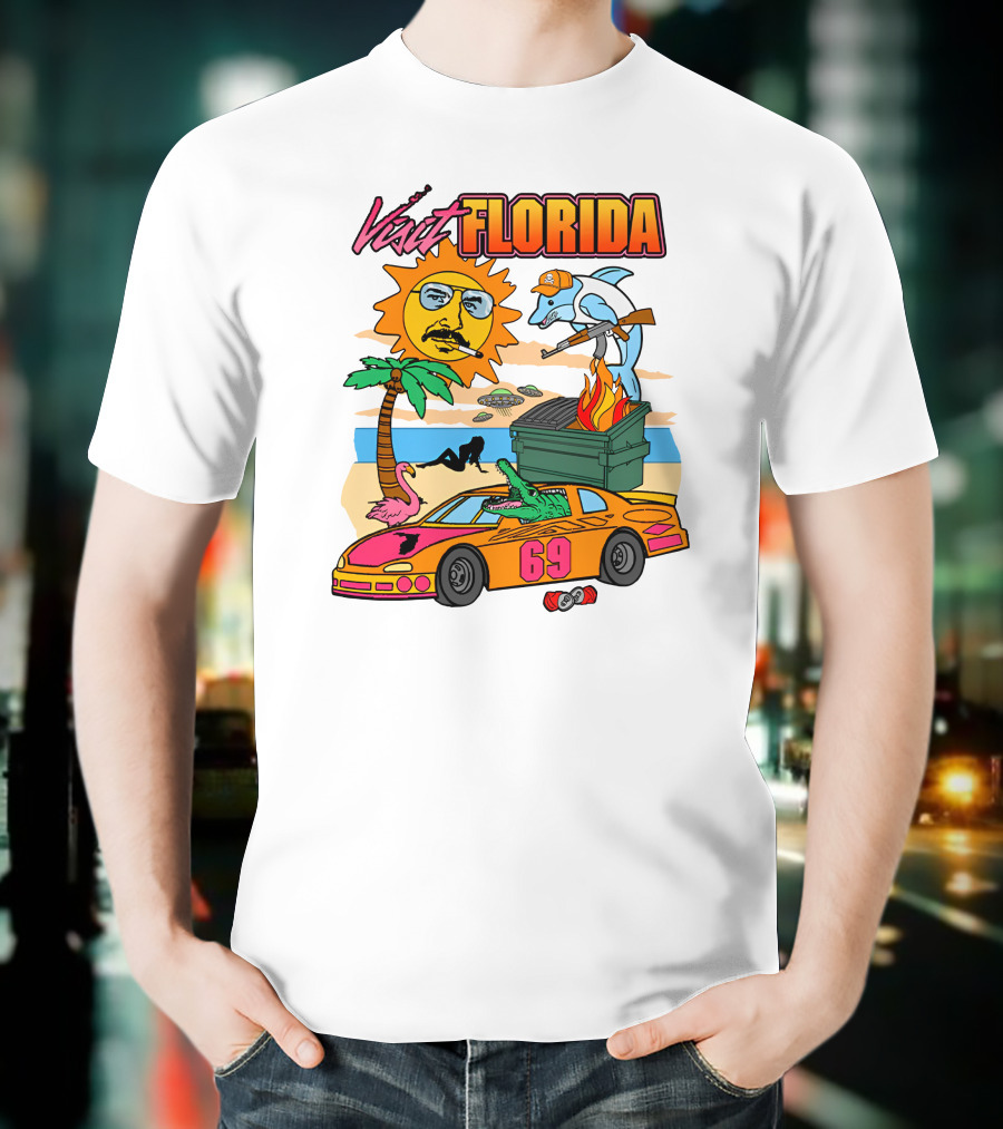 Shithead Steve Merch Visit Florida Flaming Dumpster Racing Car 69 Armed Dolphin Palm Tree Sun Face T-Shirt