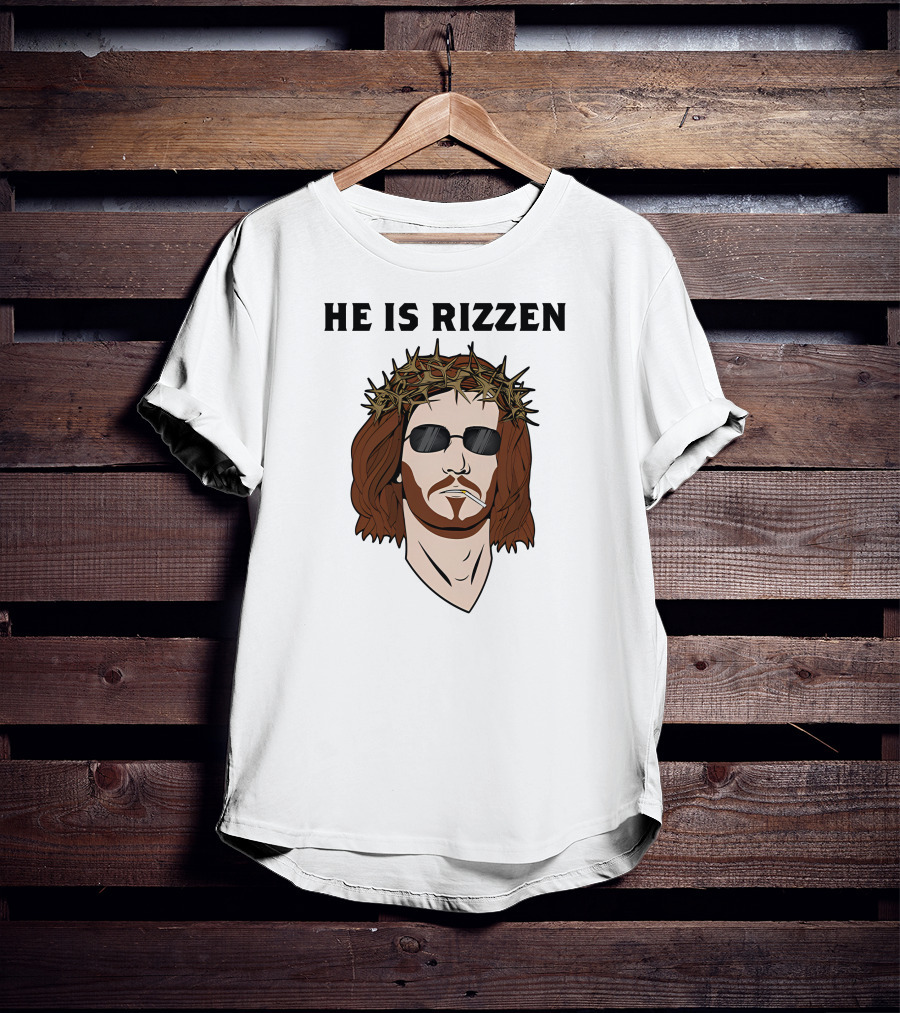 Shithead Steve Merch He Is Rizzen Jesus Crown Of Thorns Sunglasses Smoking T-Shirt