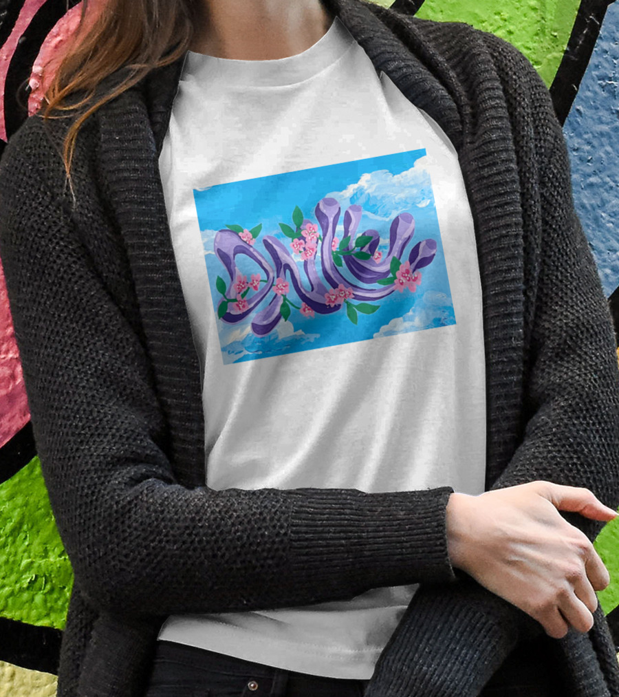 Jolene Dance Purple Script With Pink Flowers On Blue Sky Background T-Shirt
