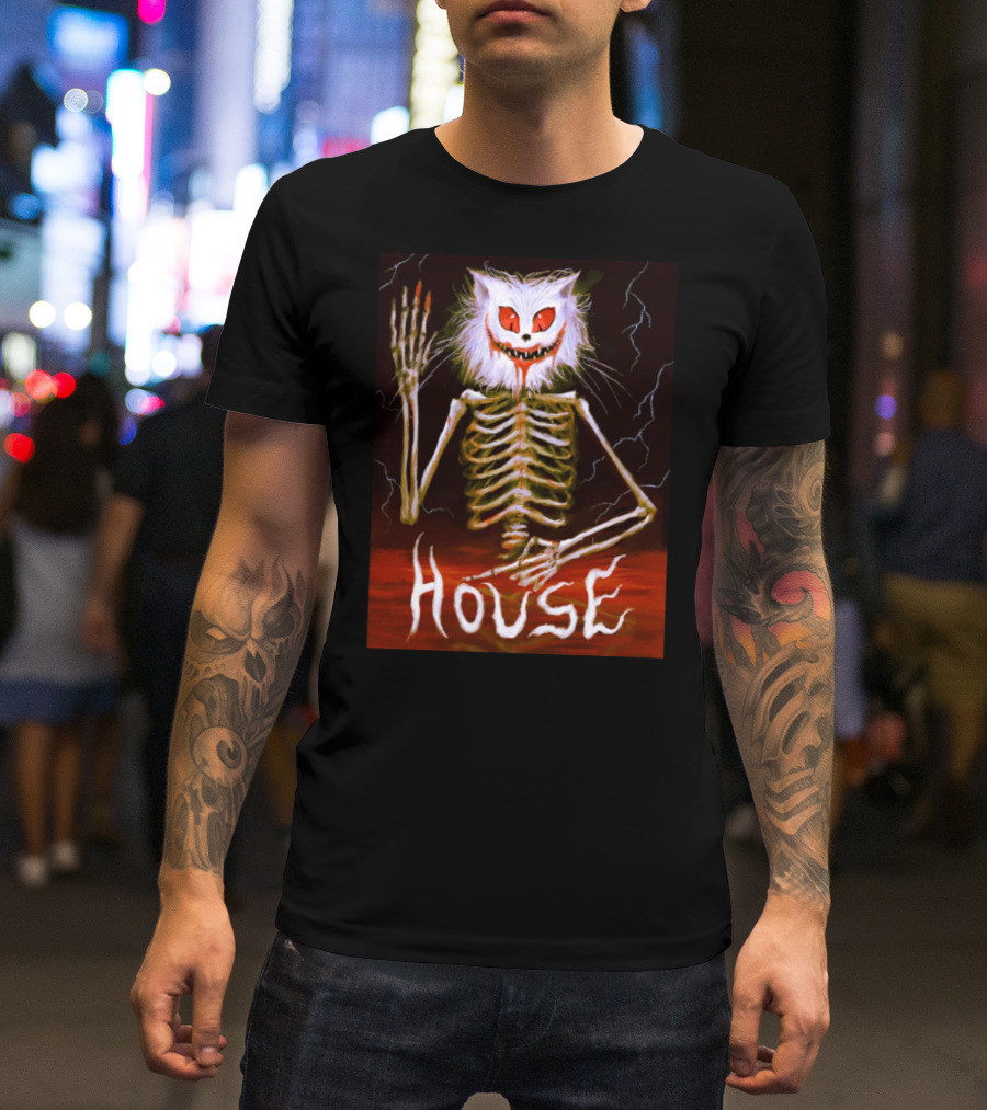 House Skeleton Cat Spirit With Lightning T-Shirt