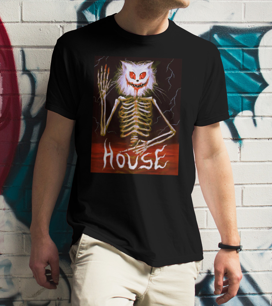 House Skeleton Cat Spirit With Lightning T-Shirt