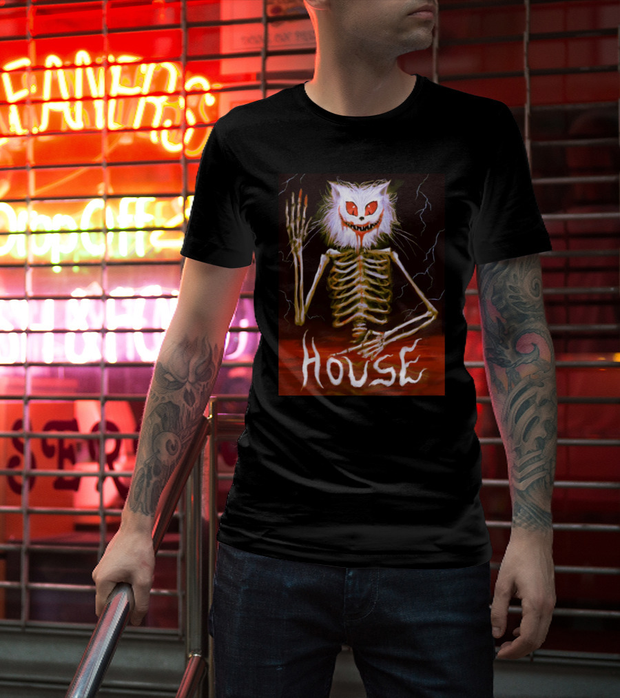 House Skeleton Cat Spirit With Lightning T-Shirt