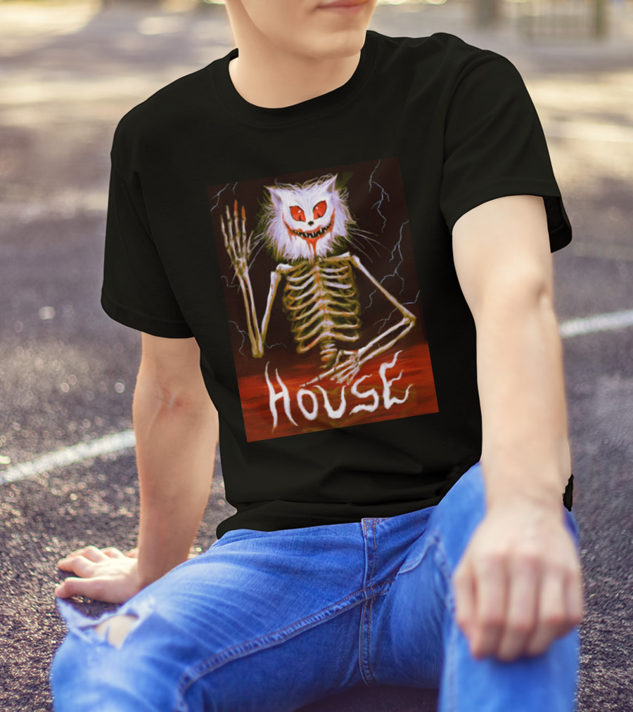 House Skeleton Cat Spirit With Lightning T-Shirt